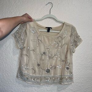 Forever 21 Cream Tan Embellished Crop Blouse